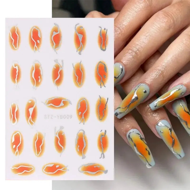 1PCS colorful bronzing striped 3D nail decals sheet with geometric lines and flowers by Simples Market
