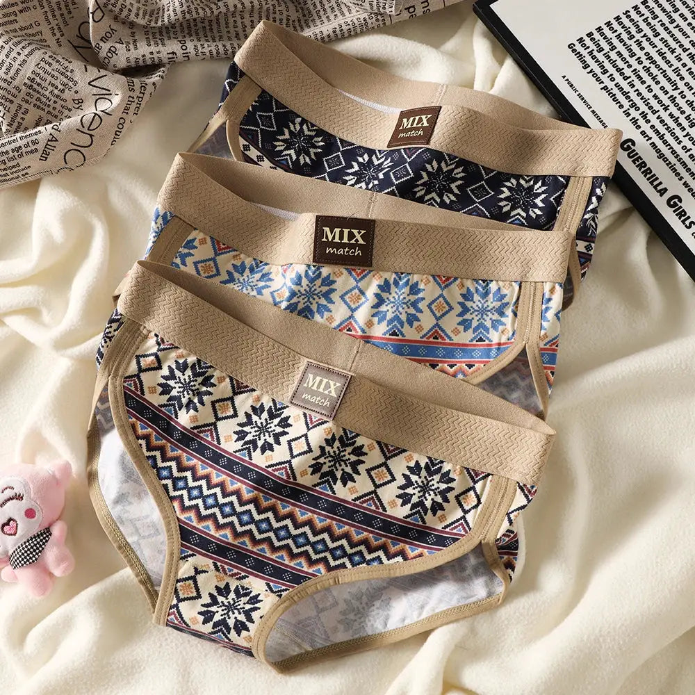 Cotton women's briefs, 3-piece set by Simples Market, vintage snowflake print in beige and blue
