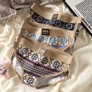 Cotton women's briefs, 3-piece set by Simples Market, vintage snowflake print in beige and blue