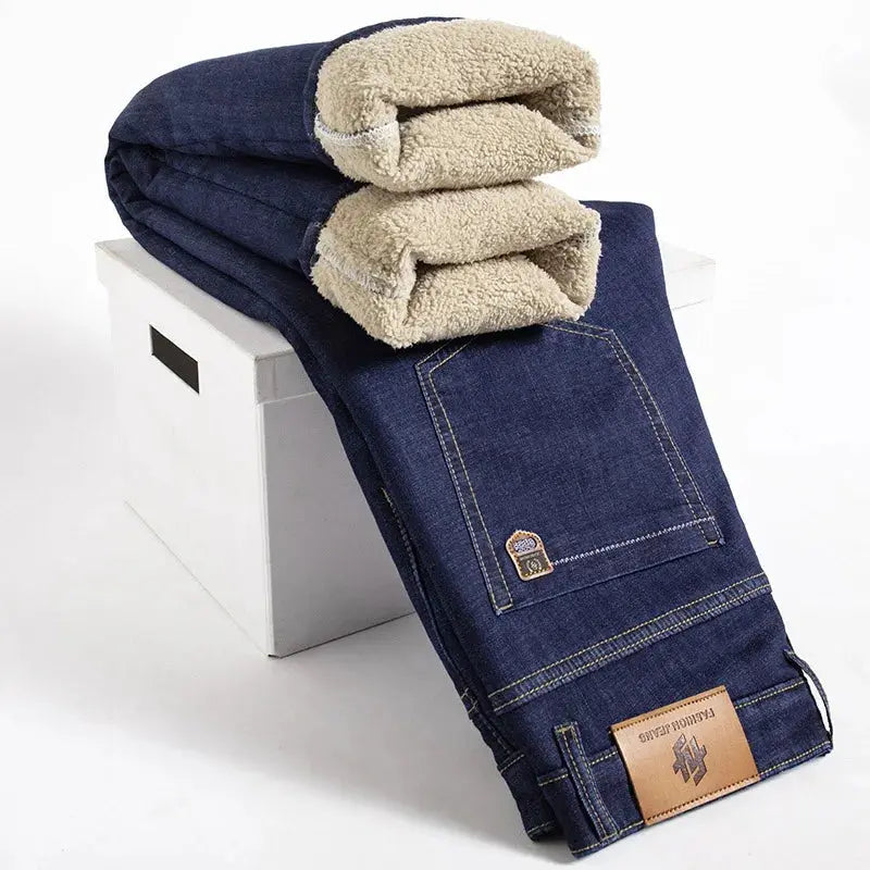 Men's Fleece Lined Denim Jeans Winter Warm Straight Fit High Waist Stretch Vaqueros Size 40
