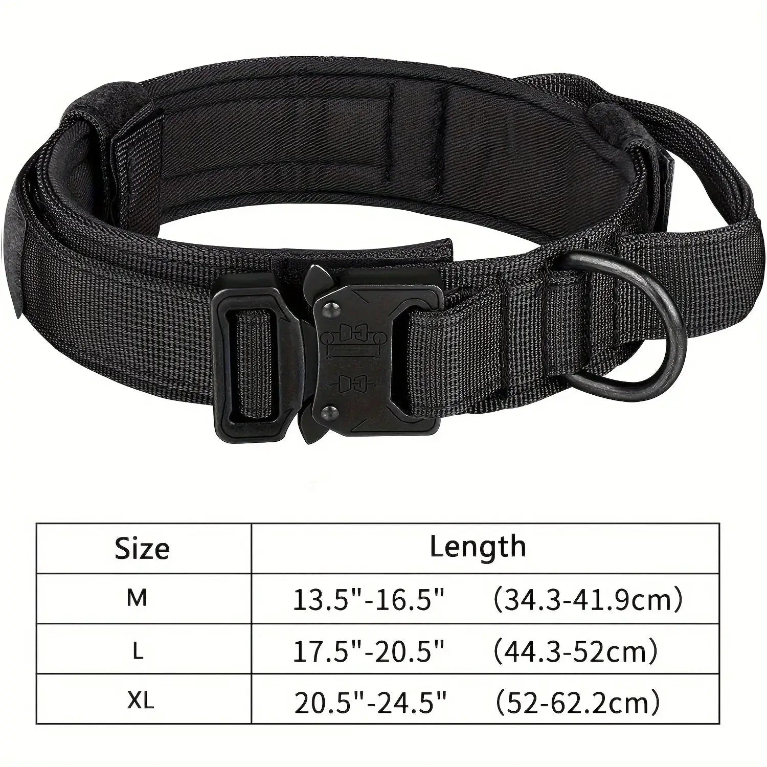 Tactical dog collar, adjustable nylon with control handle, black.