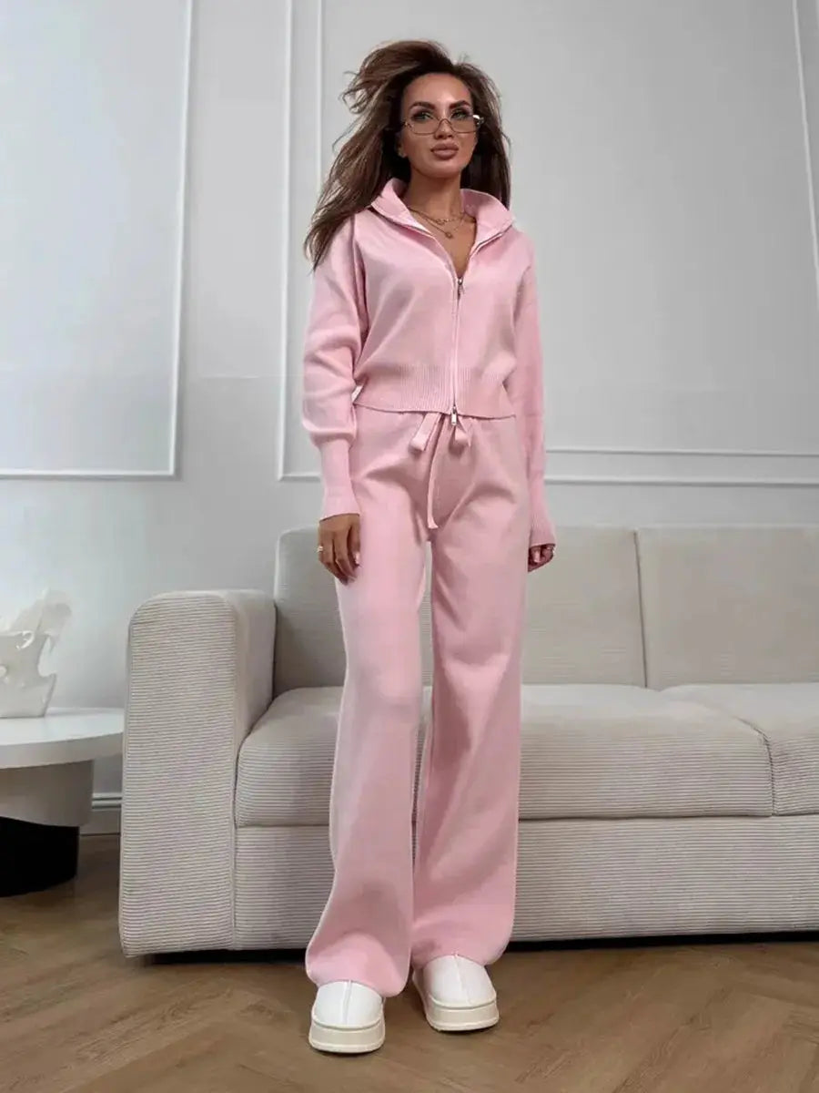 Bornladies Knit Zip Up Cropped Cardigan With Wide Leg Pants Set Women