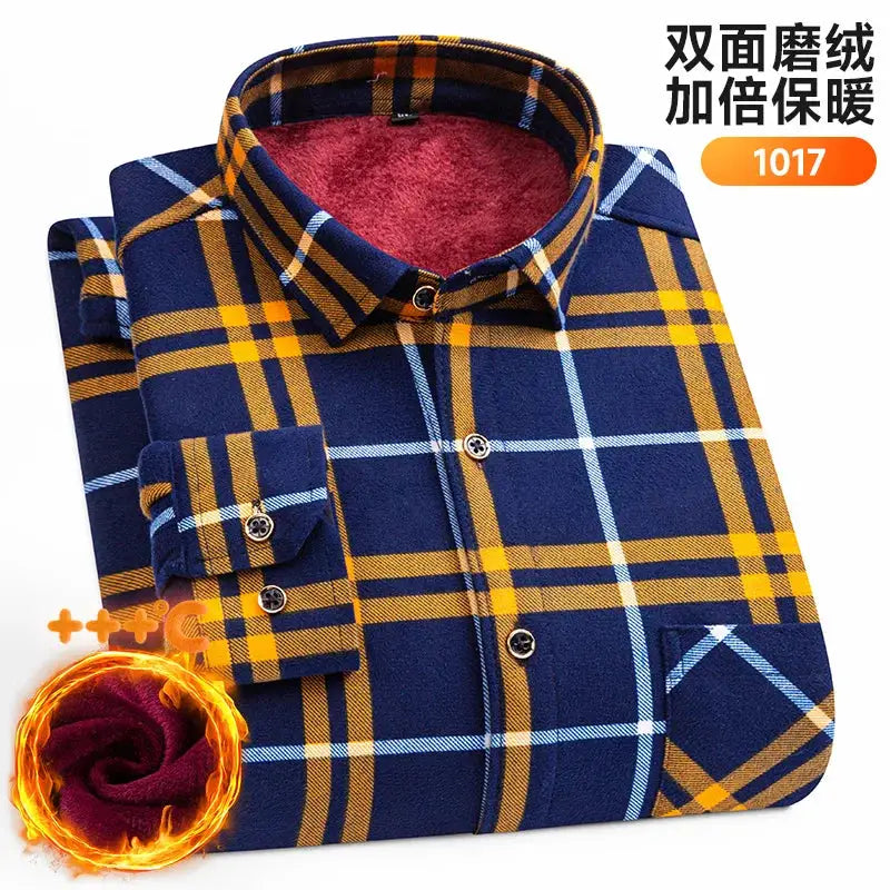 Men's thick plaid fleece shirt, navy blue with mustard-yellow lines, double-sided warm fleece