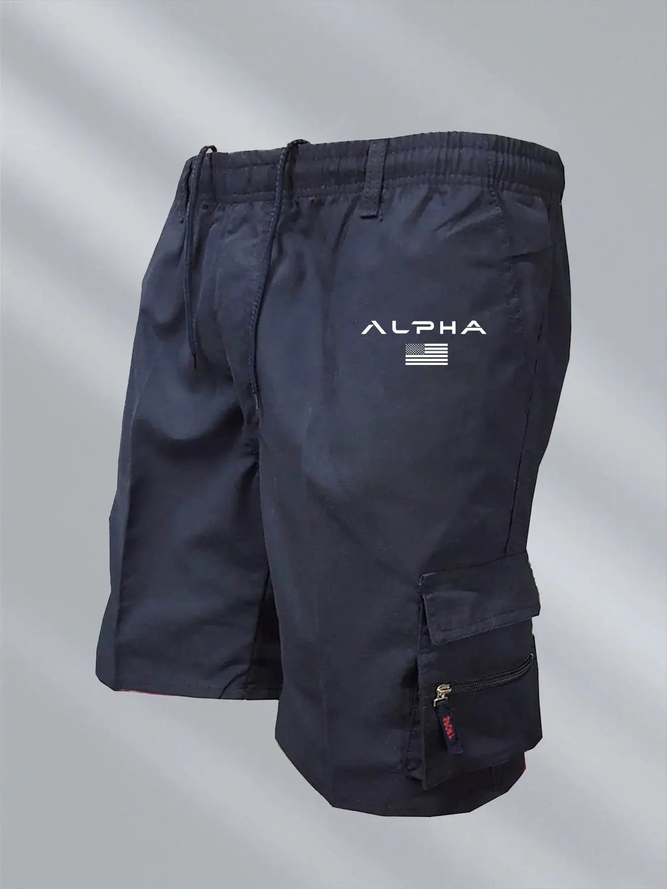 Men's ALPHA navy cargo shorts with cargo pockets and a zippered side pocket