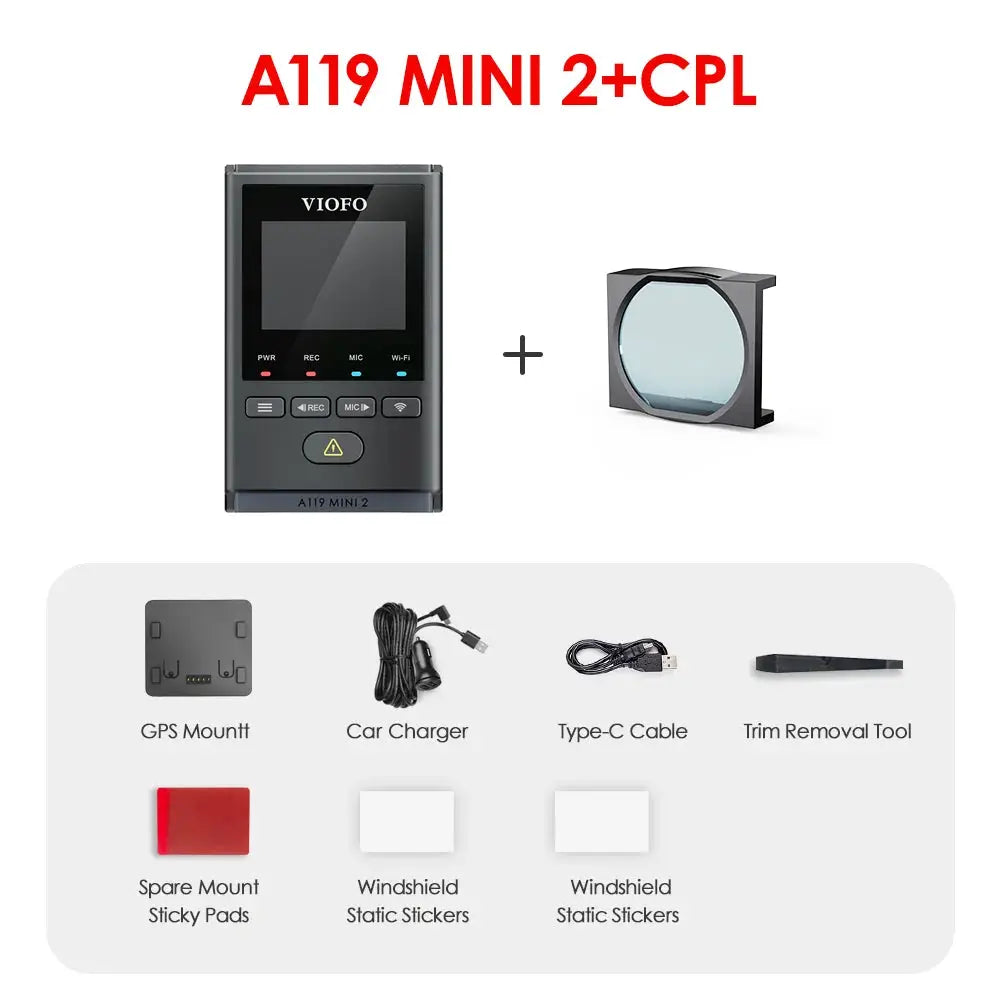 VIOFO A119 MINI 2+ CPL dash cam with GPS, Wi-Fi, and 7 accessory items (black)