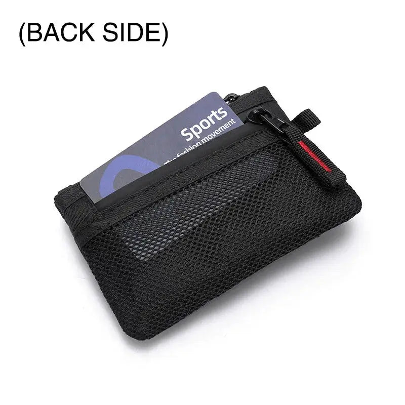 Black nylon zipper wallet with mesh exterior pocket and card slot; compact mini card holder