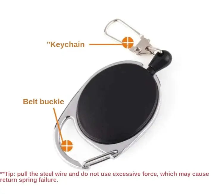 Retractable key chain reel badge holder with black circular reel, silver belt clip, and quick-release carabiner