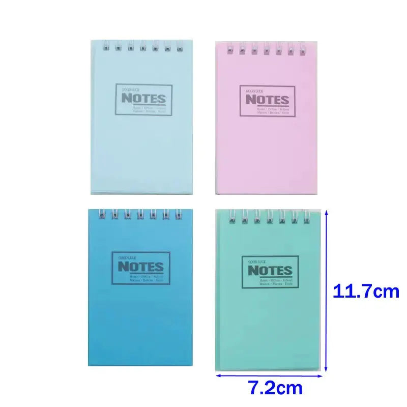 Mini pocket note pad set by Simples Market, 4 pastel spiral notebooks in blue, pink, cyan and mint; 11.7×7.2 cm