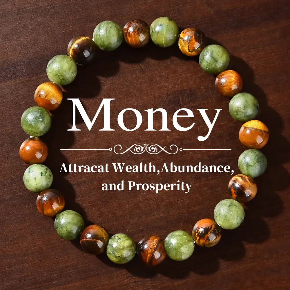 Prosperity and Abundance Healing Bracelet with green and orange gemstone beads.