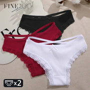 Three cotton panties with lace trim for women in white, red, and black, low-rise Brazilian briefs.