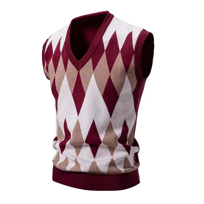 Men's argyle knit vest by Simples Market, V-neck sleeveless in maroon, beige and white