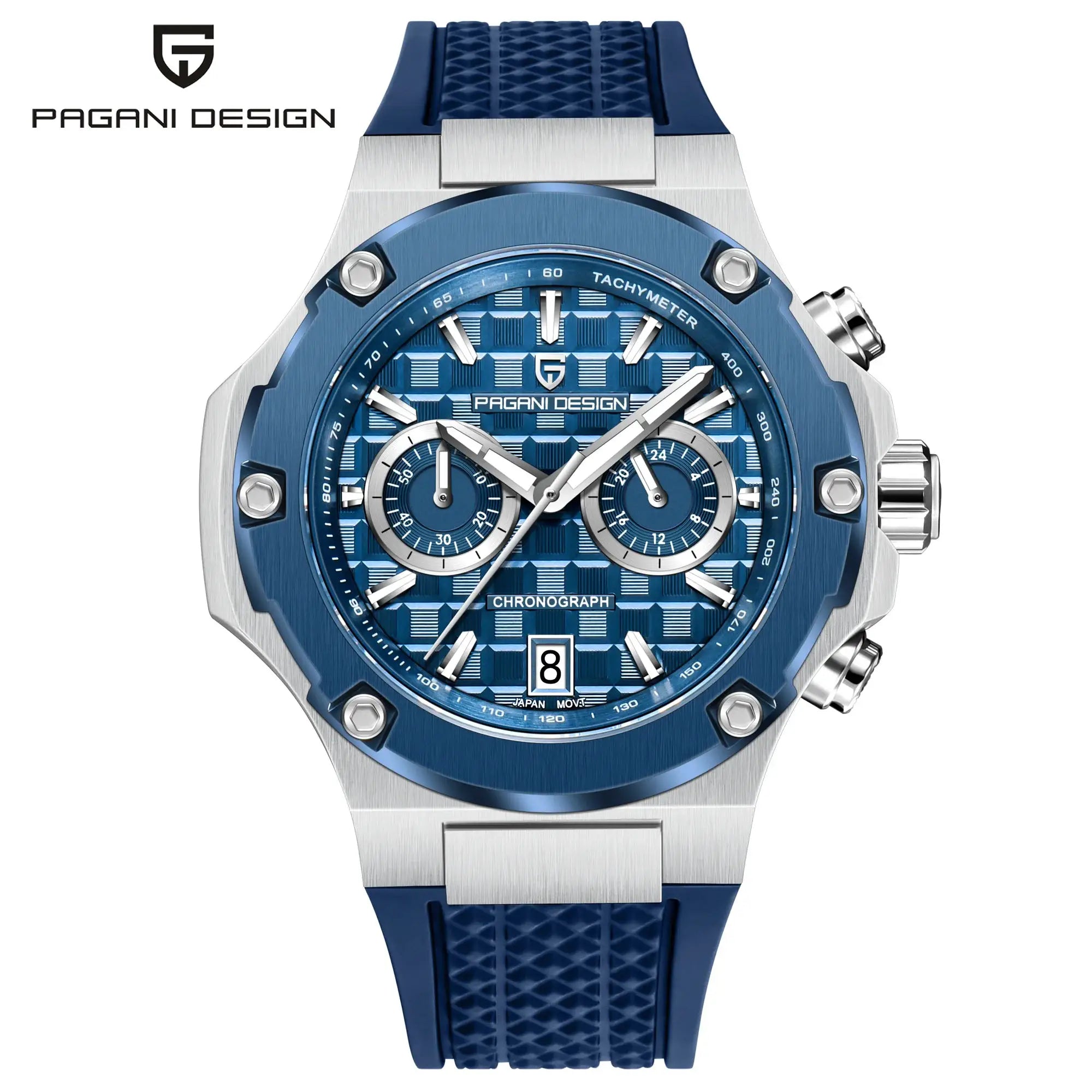 PAGANI DESIGN men's blue chronograph watch with stainless steel case and blue fluororubber strap