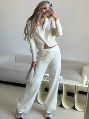 Bornladies Knit Zip Up Cropped Cardigan With Wide Leg Pants Set Women