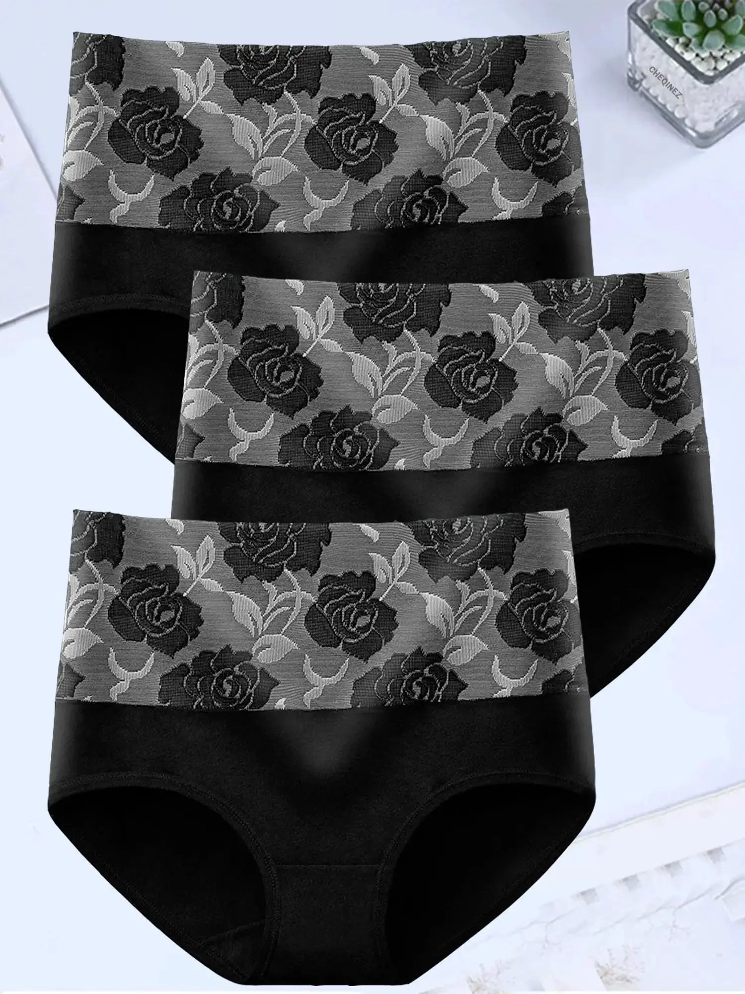 3-pack high-waist cotton panties for women with gray floral print and black waistband