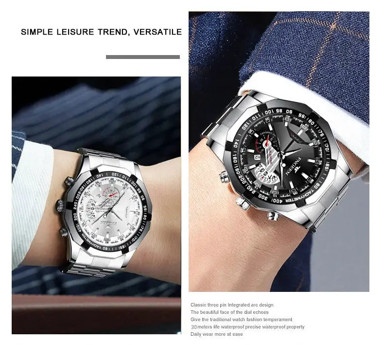 Two BINBOND stainless steel men's wristwatches, black and silver dials, luminous hands, date function, water resistant.