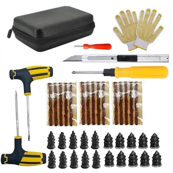 ZFOUEK Auto Tire Repair Kit by Simples Market with black carrying case, yellow-handled tools, tire patches and plugs.