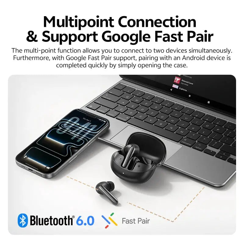 QCY MeloBuds N60 HT19 wireless earphones in a black charging case with two earbuds; Bluetooth 6.0 Fast Pair logos visible