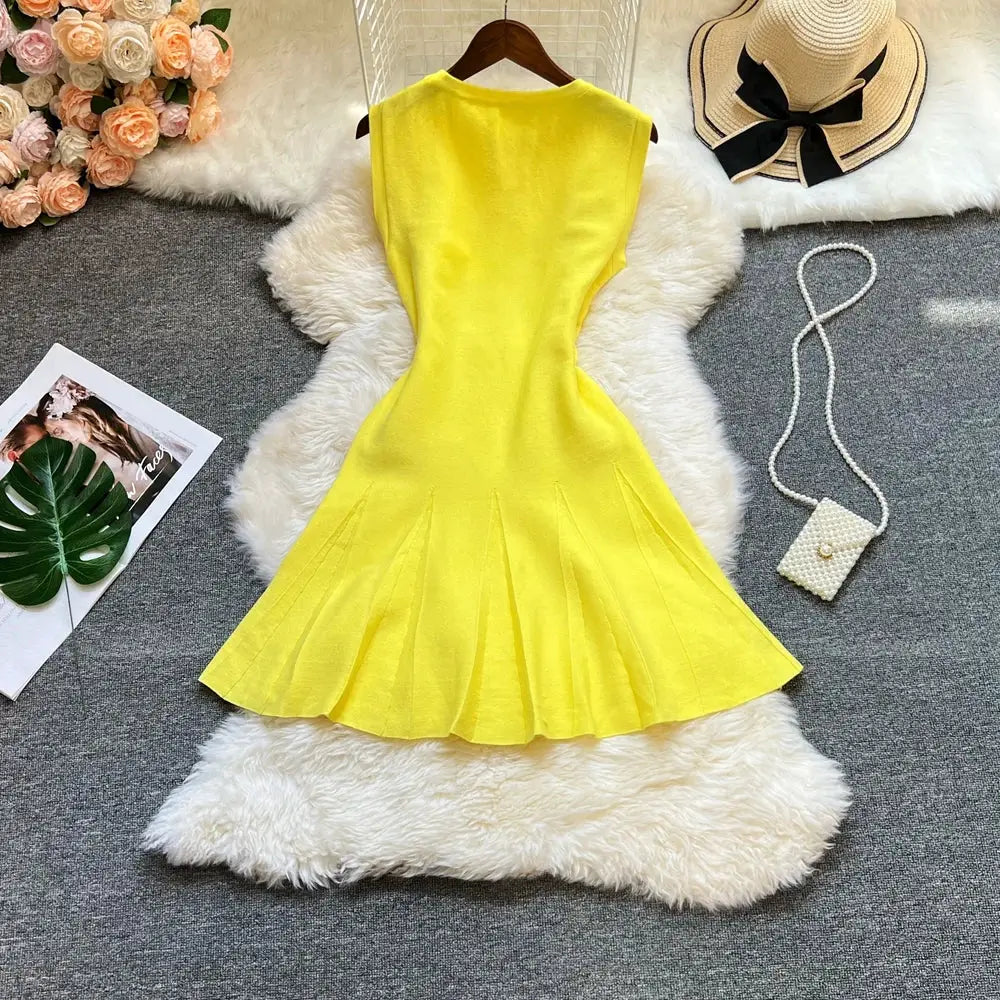 YuooMuoo Chic Pleated Short Dress Women O Neck Slim Waist Party Dress