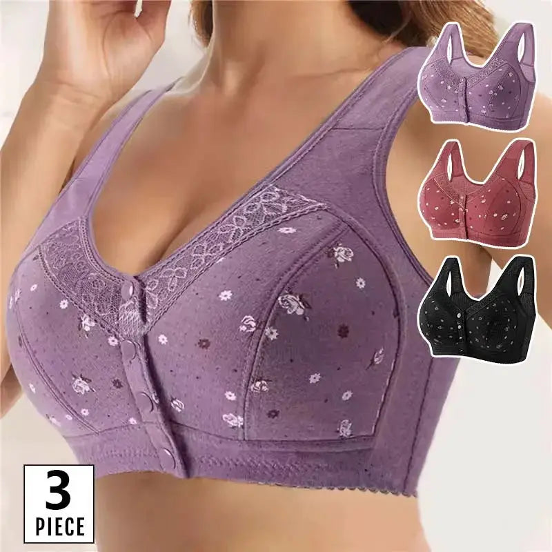 FallSweet 3Pcs Front-Closure Bra set for plus-size women by Simples Market; lavender, pink and black lace wireless bras