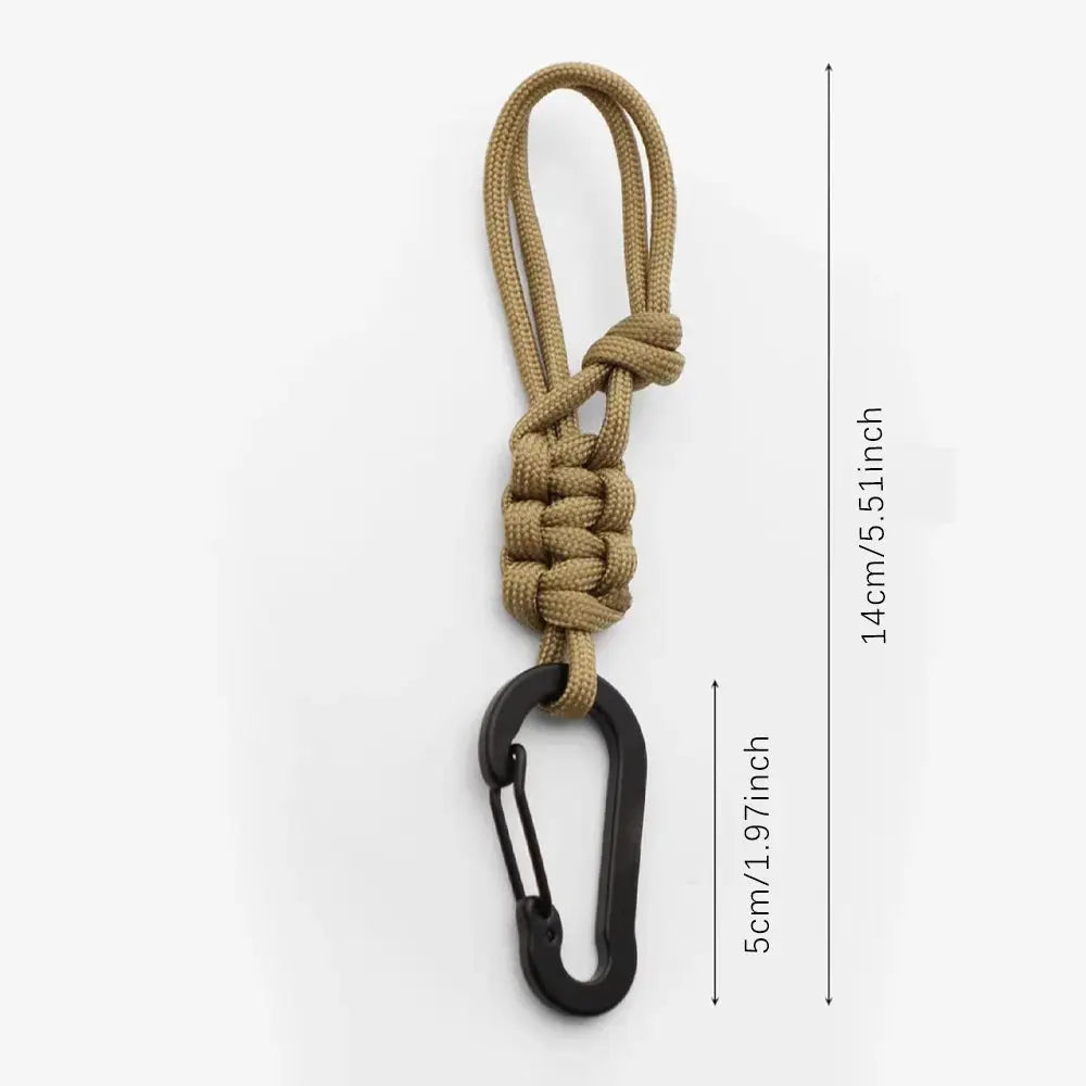 Outdoor multifunctional paracord keychain with tan rope and black carabiner, 14 cm long