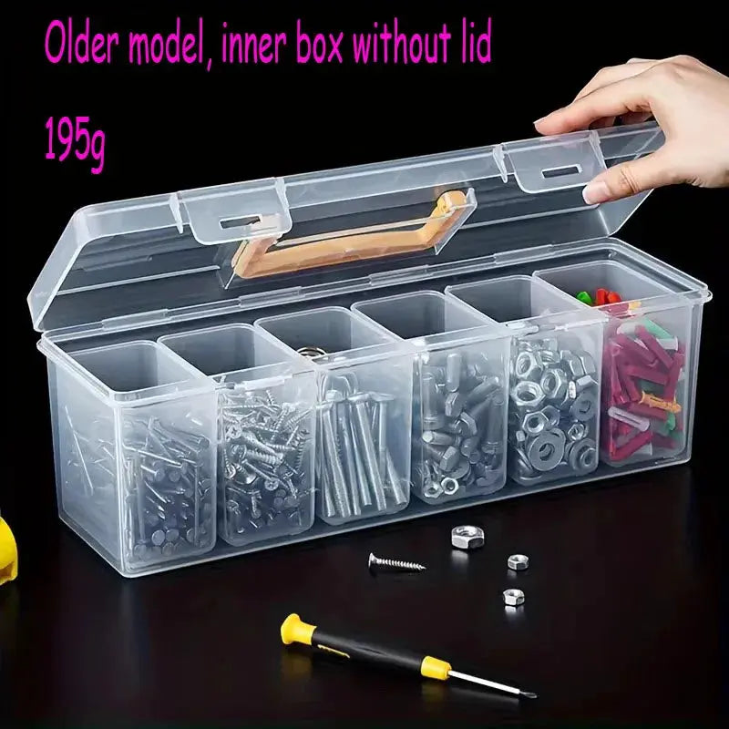 Hardware tool storage box with clear, multi-compartment organizer for screws, nuts and bolts.