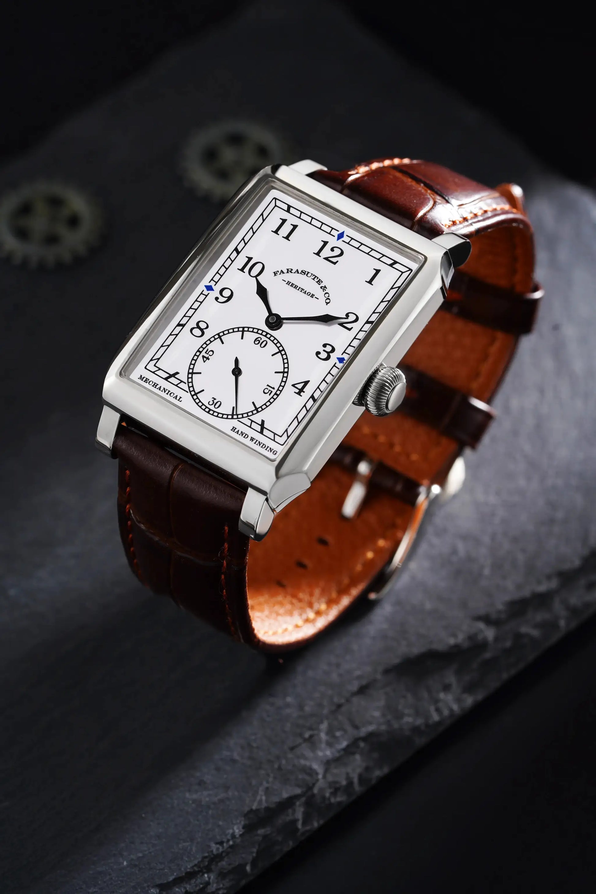 FARASUTE square mechanical wristwatch for men with brown leather strap and sapphire glass.