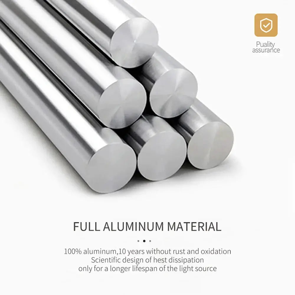 Six aluminum rods stacked in a silver finish, illustrating full aluminum material.