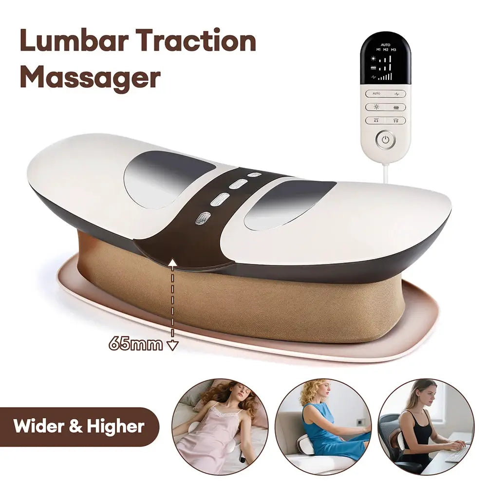 Adjustable lumbar traction massager with remote, beige body and 65mm wide belt design.