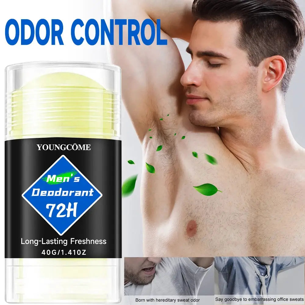 Men's deodorant stick by Youngcome, 72H odor control; black label with blue diamond, transparent cap.