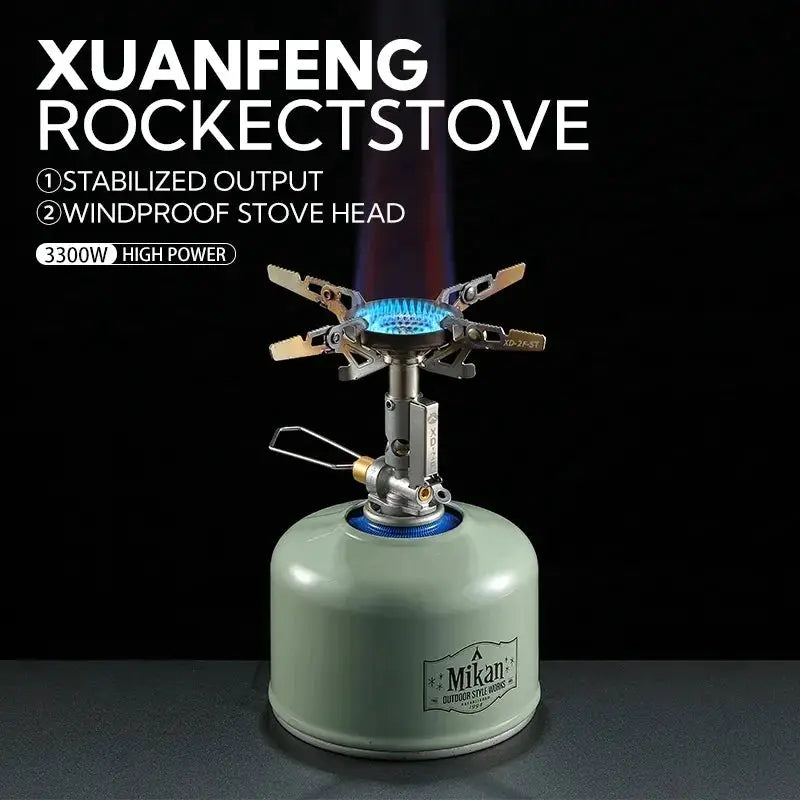 Camping stove XD-2F outdoor gas cooker on green canister; windproof high-power burner