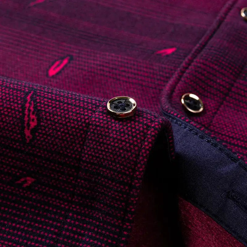 Simples Market men's long-sleeve plaid shirt with gold buttons in maroon and navy.