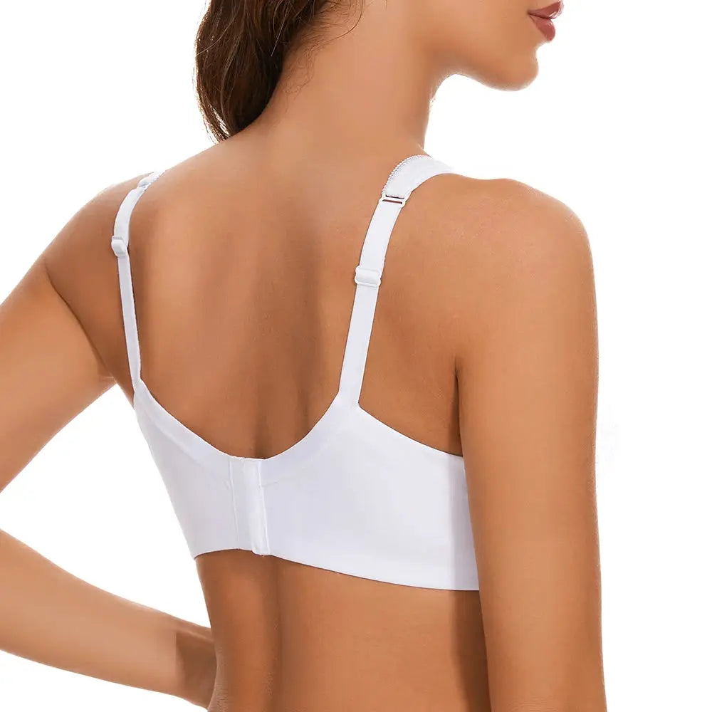 Sheroine plus-size underwire bra, white; back view with adjustable straps, Simples Market.