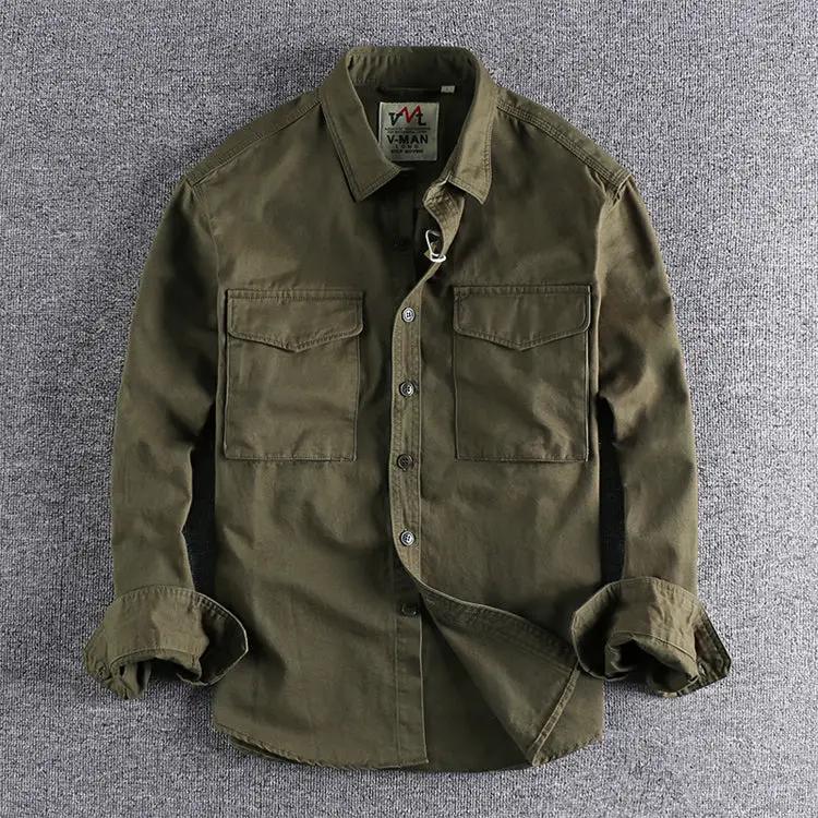 Simples Market men's khaki work shirt with two chest pockets, button front, rolled cuffs