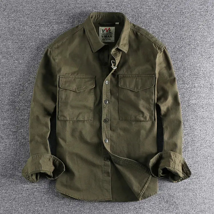 Khaki long-sleeve work shirt jacket with two chest pockets and button front, loose fit Simples Market