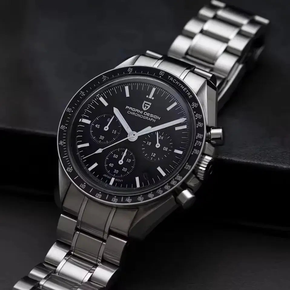 Pagani Design 500 Speedometer Circle Chronograph watch with stainless steel bracelet and black dial