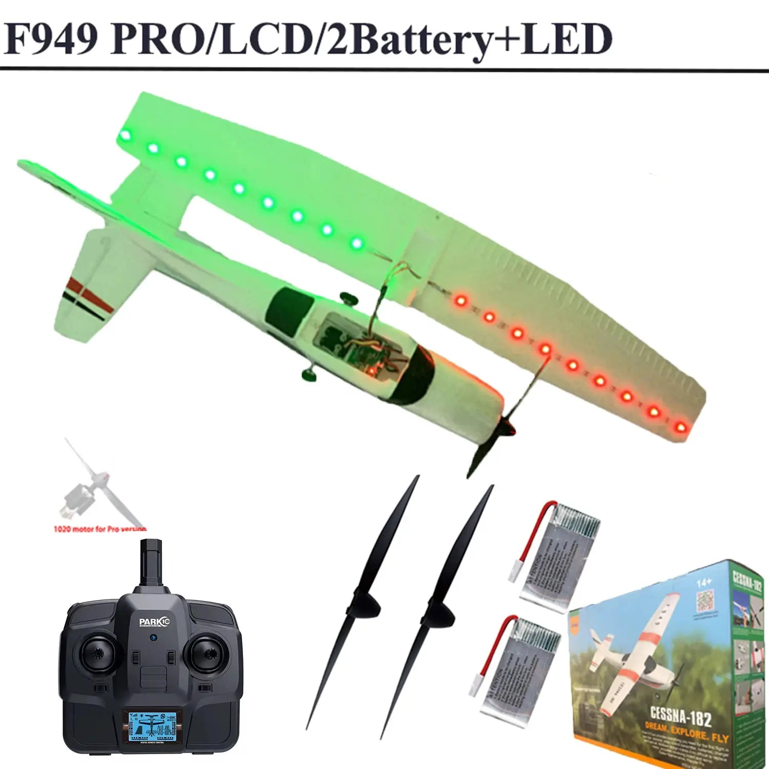 WLtoys F949 LCD RC airplane Cessna 182 with green LED lights; includes remote controller and batteries, Simples Market