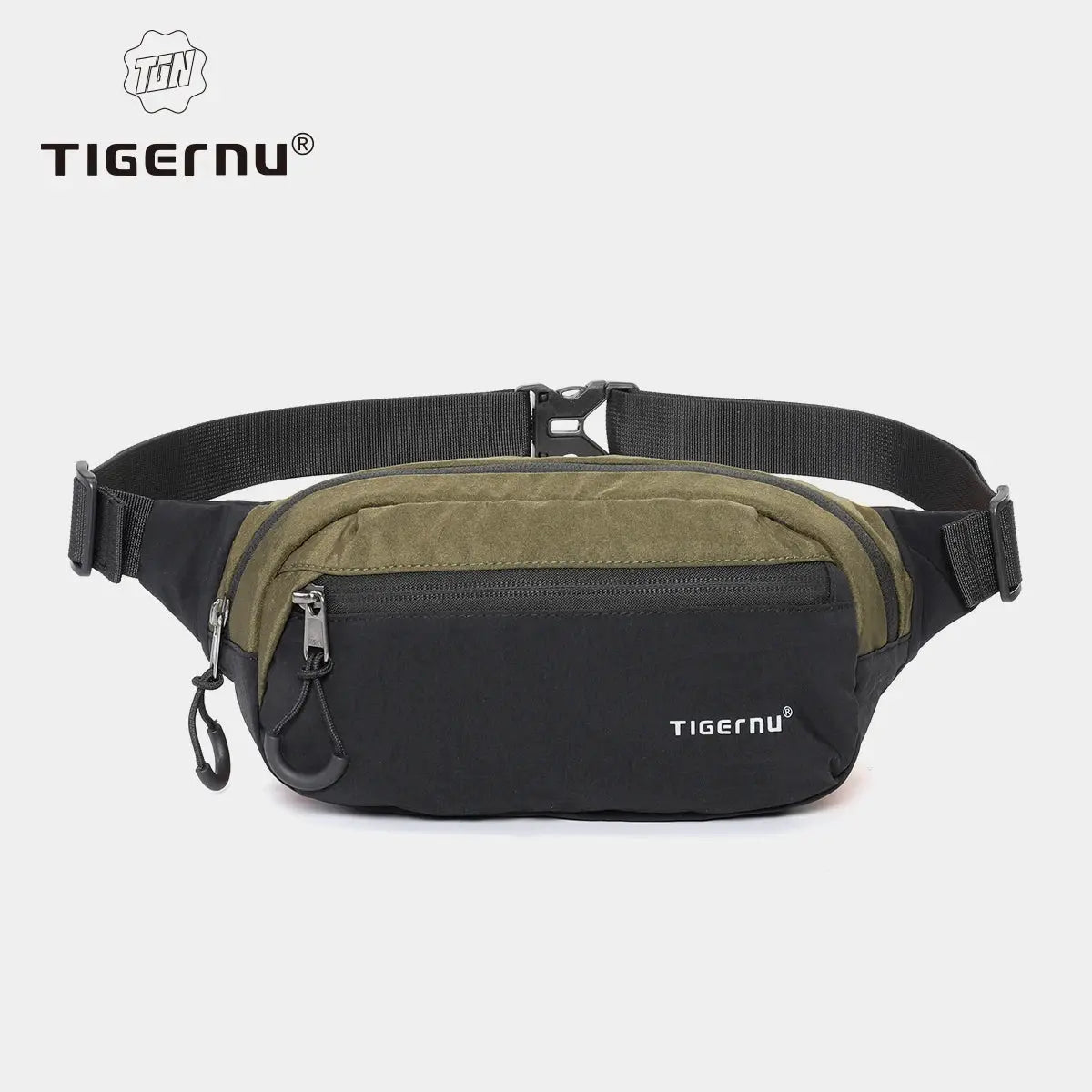 Tigernu lightweight crossbody bag for men, black with olive trim, splashproof sling/waist bag
