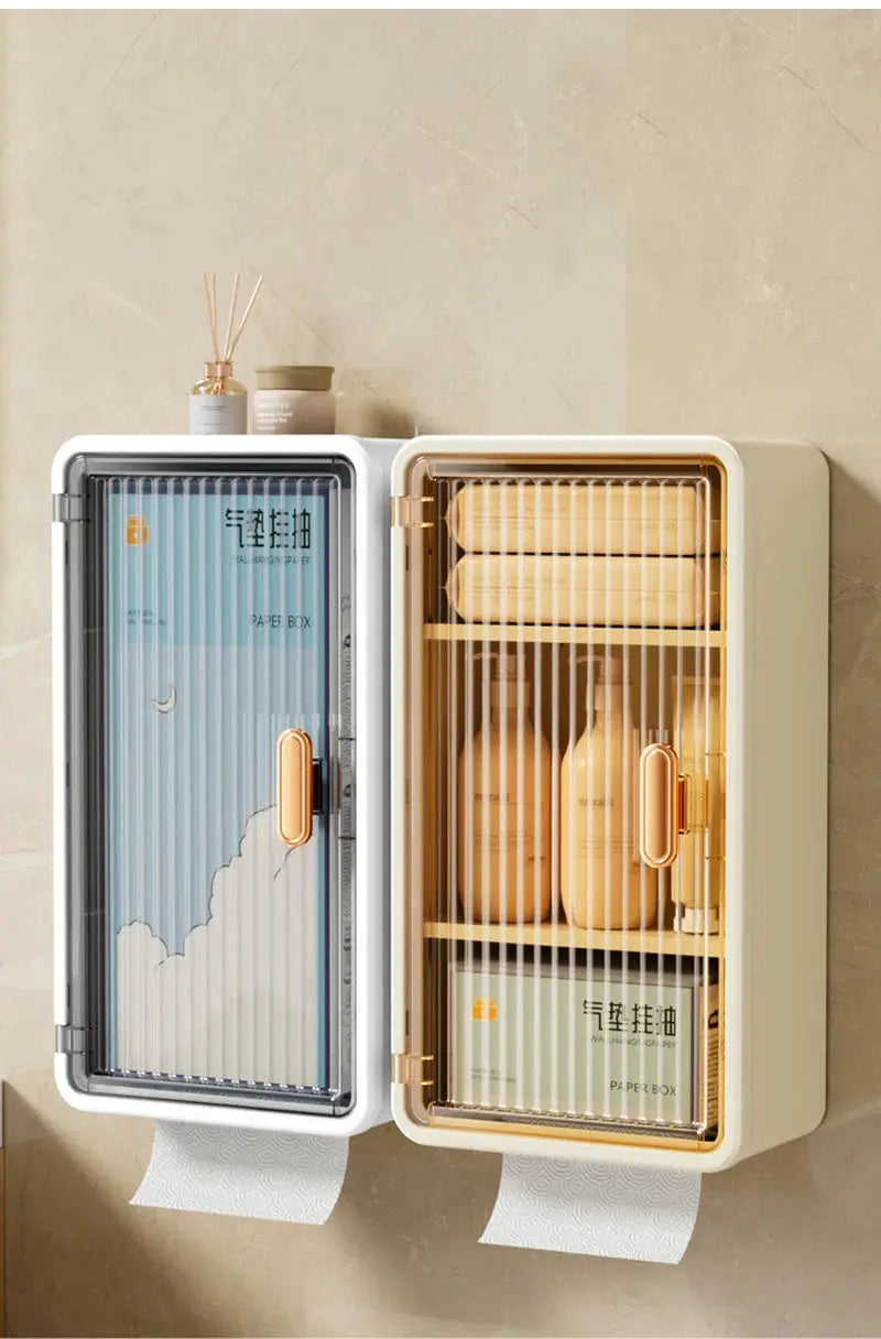 Bathroom wall-mounted tissue box storage rack; Simples Market 2-door white and gold cabinet for toiletries.