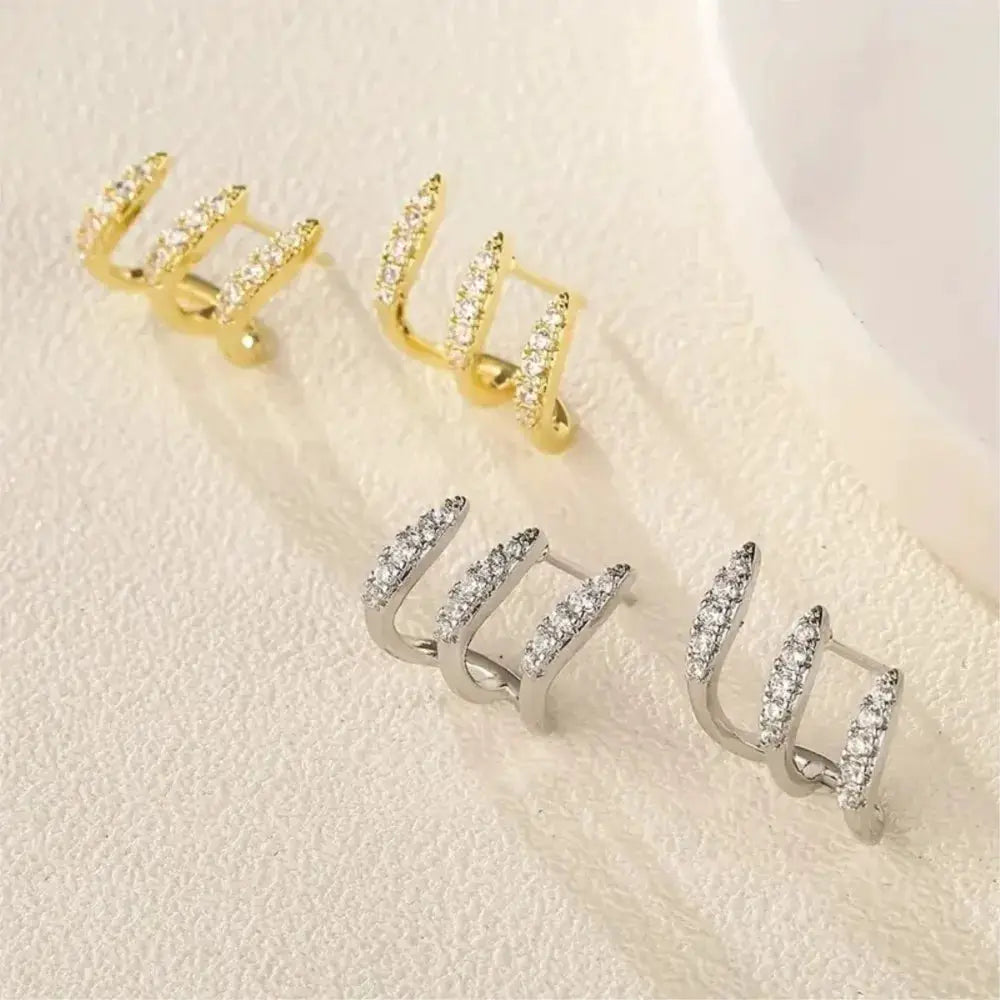 Rhinestone three-claw curved earrings set, 2 pairs in gold and silver, Simples Market