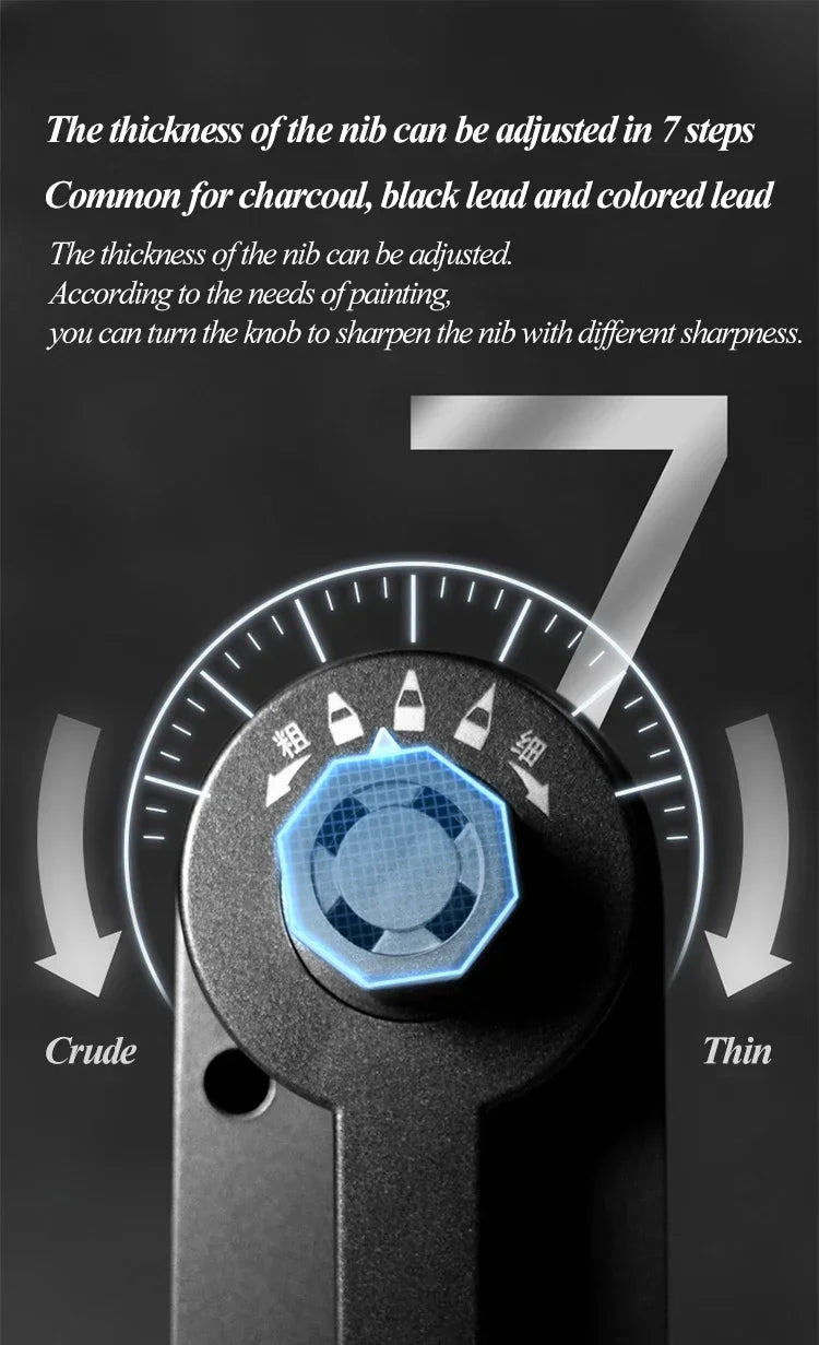 Hand-crank pencil sharpener with large capacity; black body, blue adjustment knob, 7-step nib thickness for sketch work.