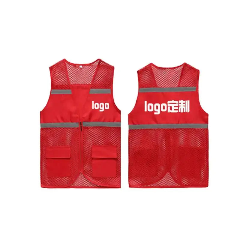 Simples Market red breathable mesh safety vest with reflective stripes; two vests shown, front and back with logo.