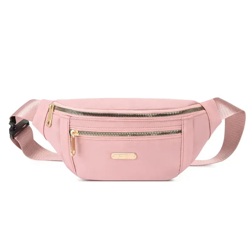 Fanny pack in light pink with gold zippers and adjustable waist strap by Simples Market
