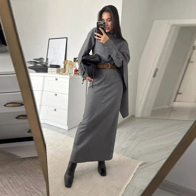 Simples Market vintage grey blazer suit set for women with cape top and long skirt