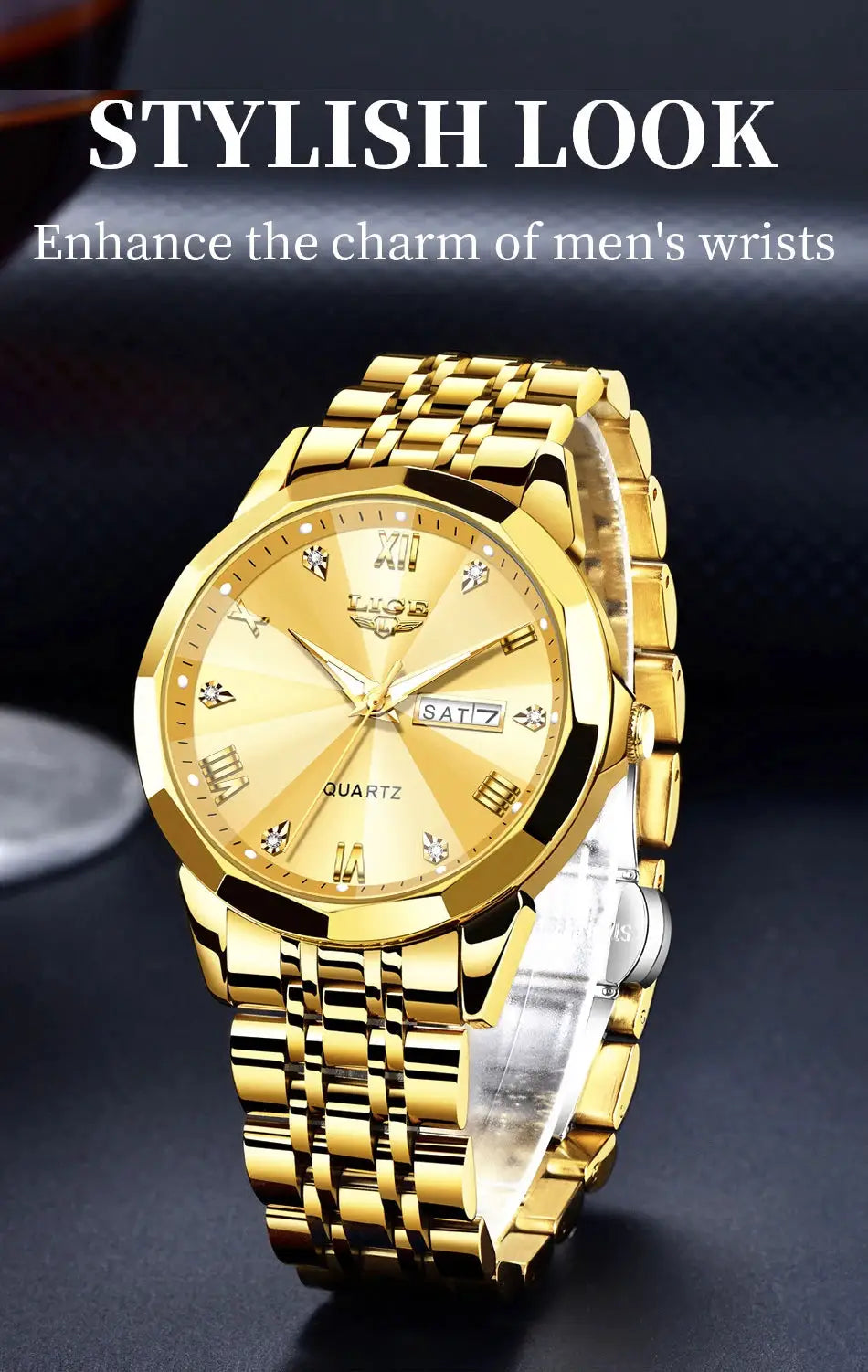 LIGE gold ladies' quartz wristwatch with stainless steel bracelet and date window