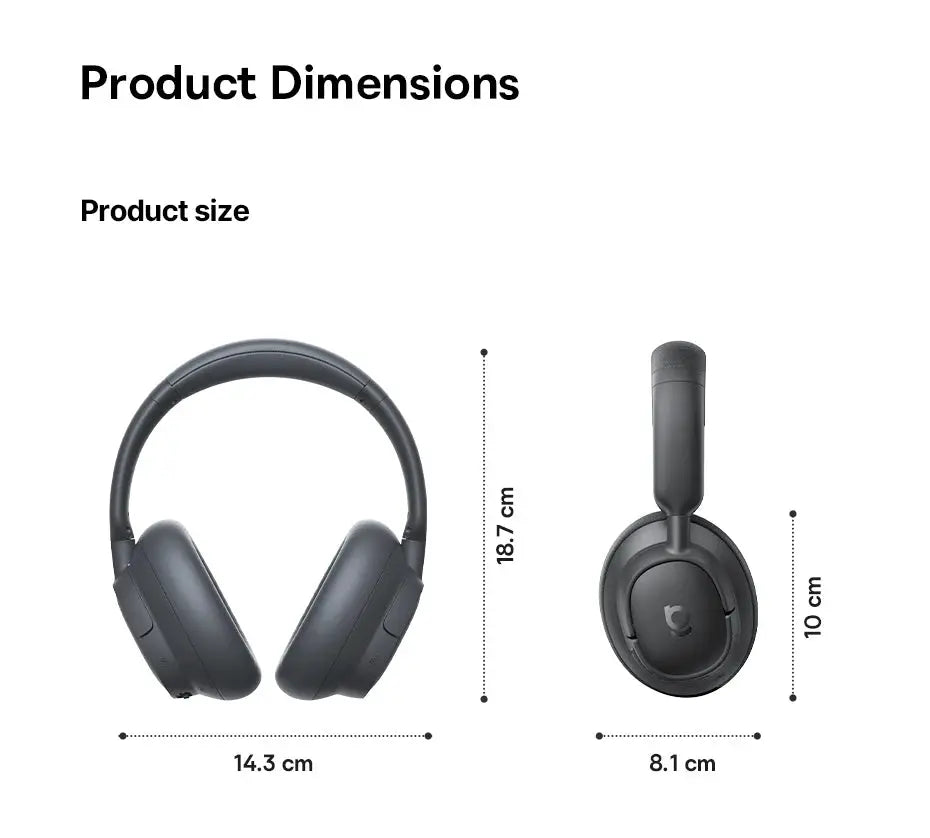 Baseus Bass EH10 NC wireless over-ear headphones in dark gray; two-view diagram shows 18.7 cm height and 14.3 cm width.