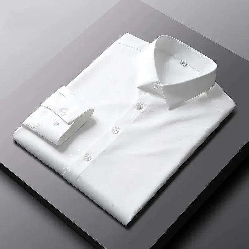 Men's white solid-color long-sleeve shirt by Simples Market, non-iron wrinkle-resistant business top
