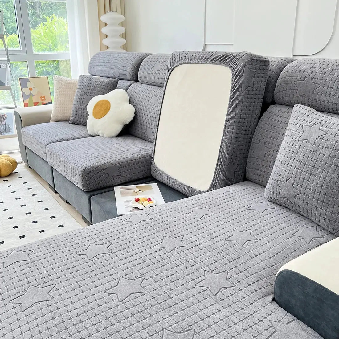 Sofa seat cushion covers in grey jacquard with star pattern; thick stretch, removable and washable, furniture protector.