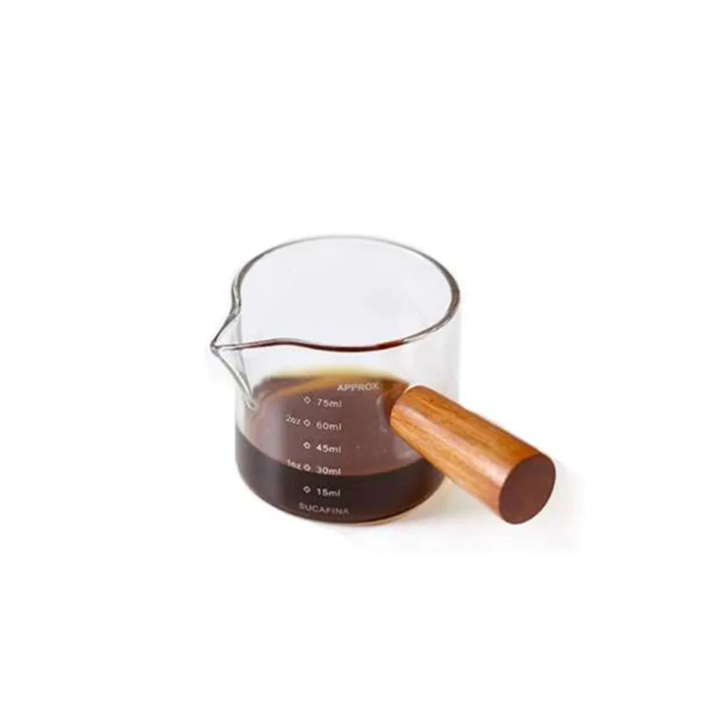 Glass Measuring Cup With Wood Handle For Espresso And Milk Clear Coffee Measuring Mug For Home Barista