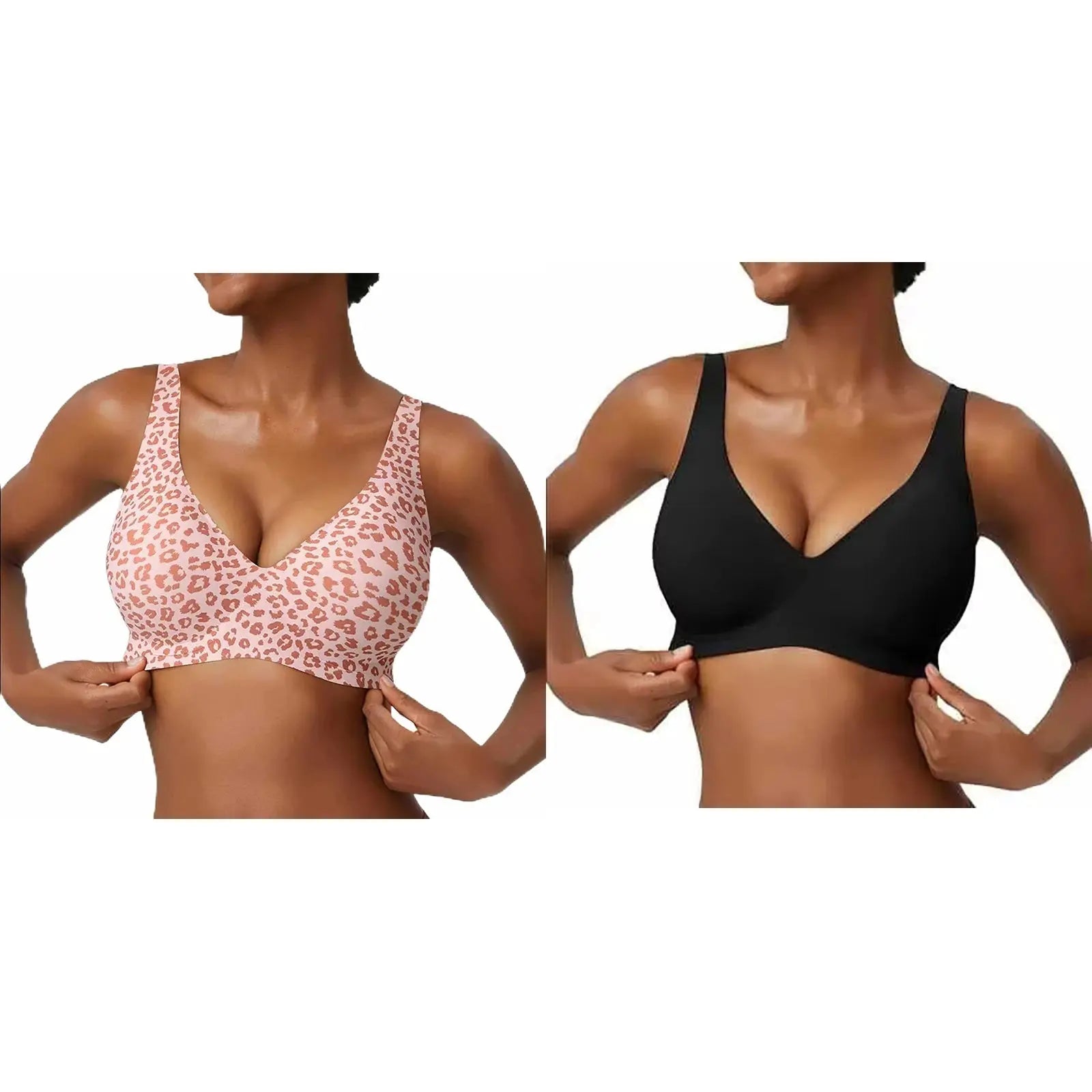 Women's seamless wire-free bra; two color options pink leopard print and black, with full-coverage molded cups.
