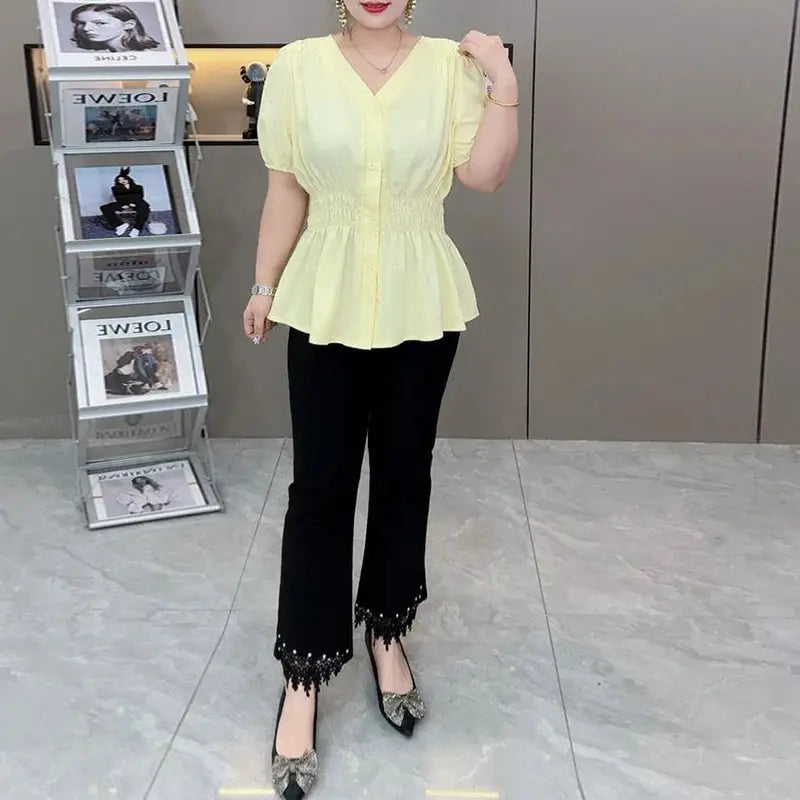 Plus Size Elastic Waist V Neck Puff Sleeve Blouse For Summer